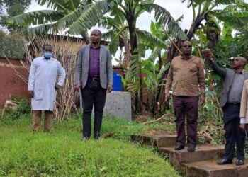 The team inspects land for expansion at Muramba Health Centre III. It boasts of 6-acres of titled land ready for upgrade.