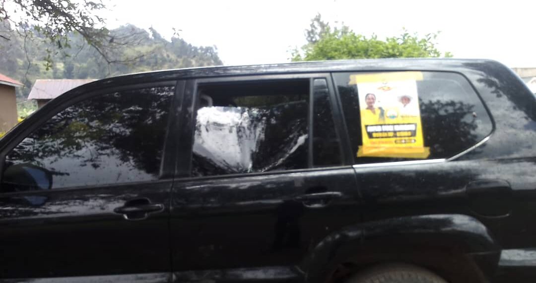 The damaged vehicle belonging to candidate Akifeza Grace Ngabirano parked at Mubano Hotel