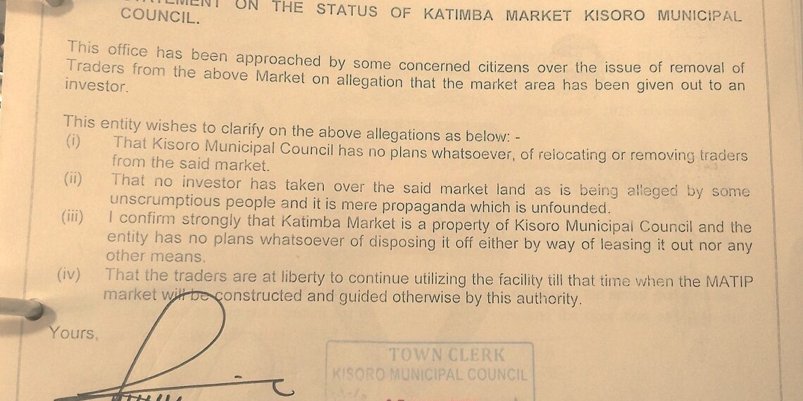 Town Clerk's letter to Gatimba Market vendors