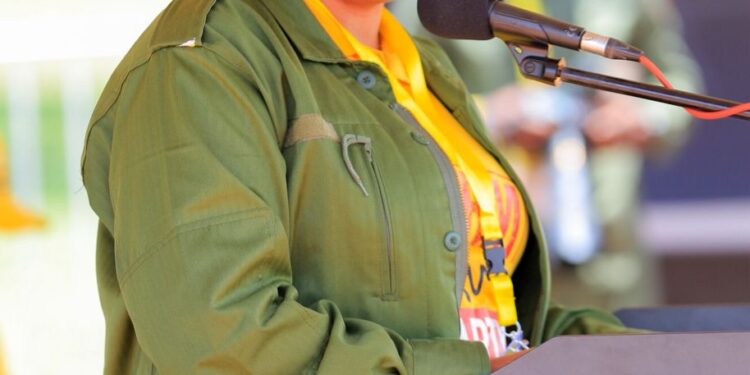 Speaker Anita Among delivering speech at National Leadership Institute (NALI) in Kyankwanzi (file photo)